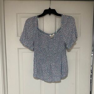 URBAN Romantics Blue Smocked Floral Square-Neck Blouse